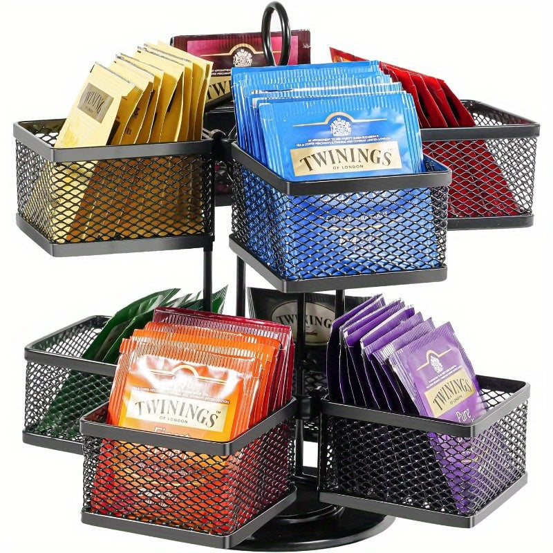 Organizador de bolsas de té carrusel giratorio de 360 grados con 8 compartimentos de hierro negro