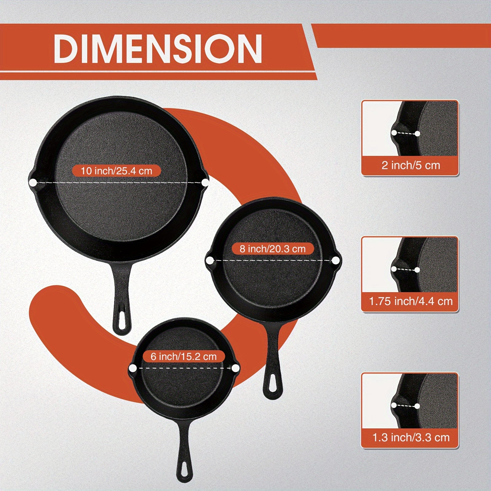 3 ta quyma temir qozonlar to'plami - Uy va restoran oshxonasi uchun bitta tutqichi bo'lgan yopishqoq qovurish qozonlari, qora rang