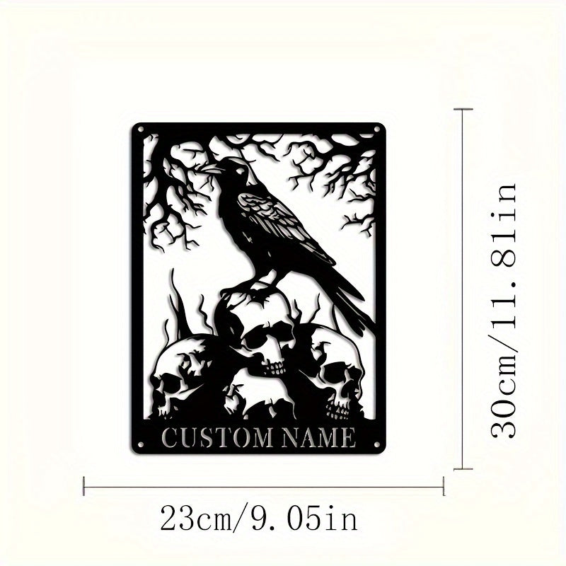 Personalized Boho Skull and Crow Metal Wall Art Black Iron Halloween Decor