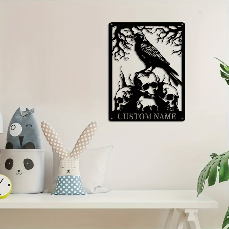 Personalized Boho Skull and Crow Metal Wall Art Black Iron Halloween Decor