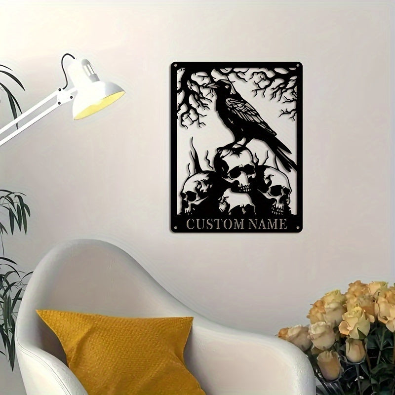 Personalized Boho Skull and Crow Metal Wall Art Black Iron Halloween Decor