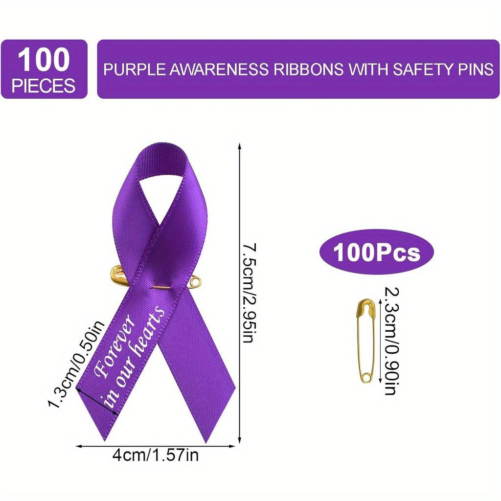 Memorial Ribbon Brooch Pins Set of 100 Satin Fabric Engraved Forever in Our Hearts for Funerals Mourning