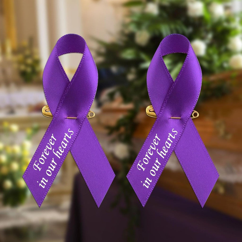 Memorial Ribbon Brooch Pins Set of 100 Satin Fabric Engraved Forever in Our Hearts for Funerals Mourning