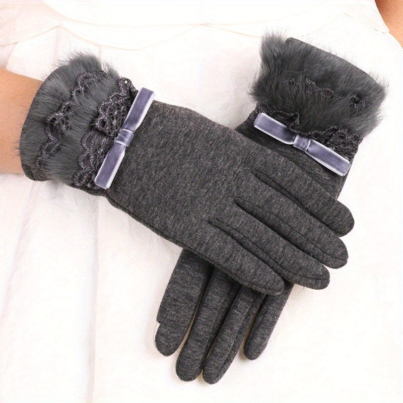 Women's Touchscreen Gloves Warm Velvet Lace Faux Fur Trim for Winter Ski Driving