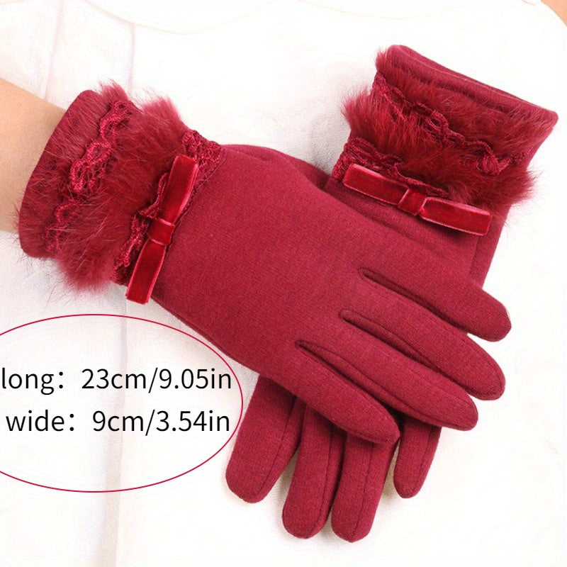 Ayollar uchun ekranli qo'lqoplar, qishda chang'ilar, haydash uchun issiq velur, ipli shabada, sun'iy jun bilan bezatilgan