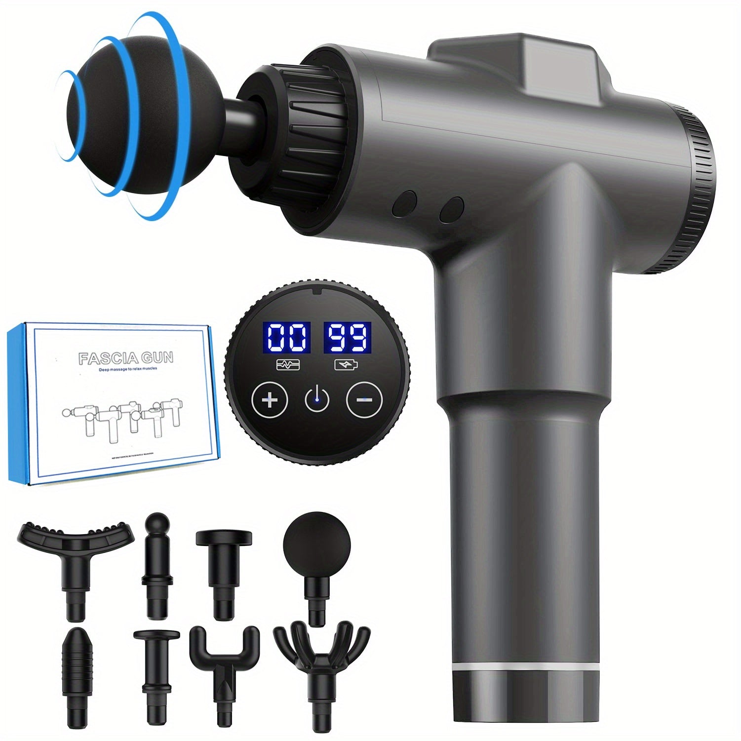 99 ta sozlanadigan tezlikka ega portativ elektr massaj mashinasi chuqur to'qimalar uchun perkusya va dam olish.