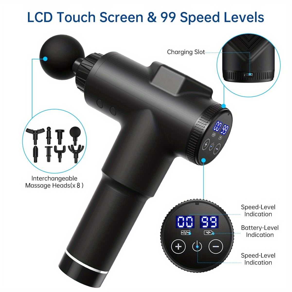 Portable Electric Massage Gun Deep Tissue Percussion with 99 Speeds and 8 Attachments
