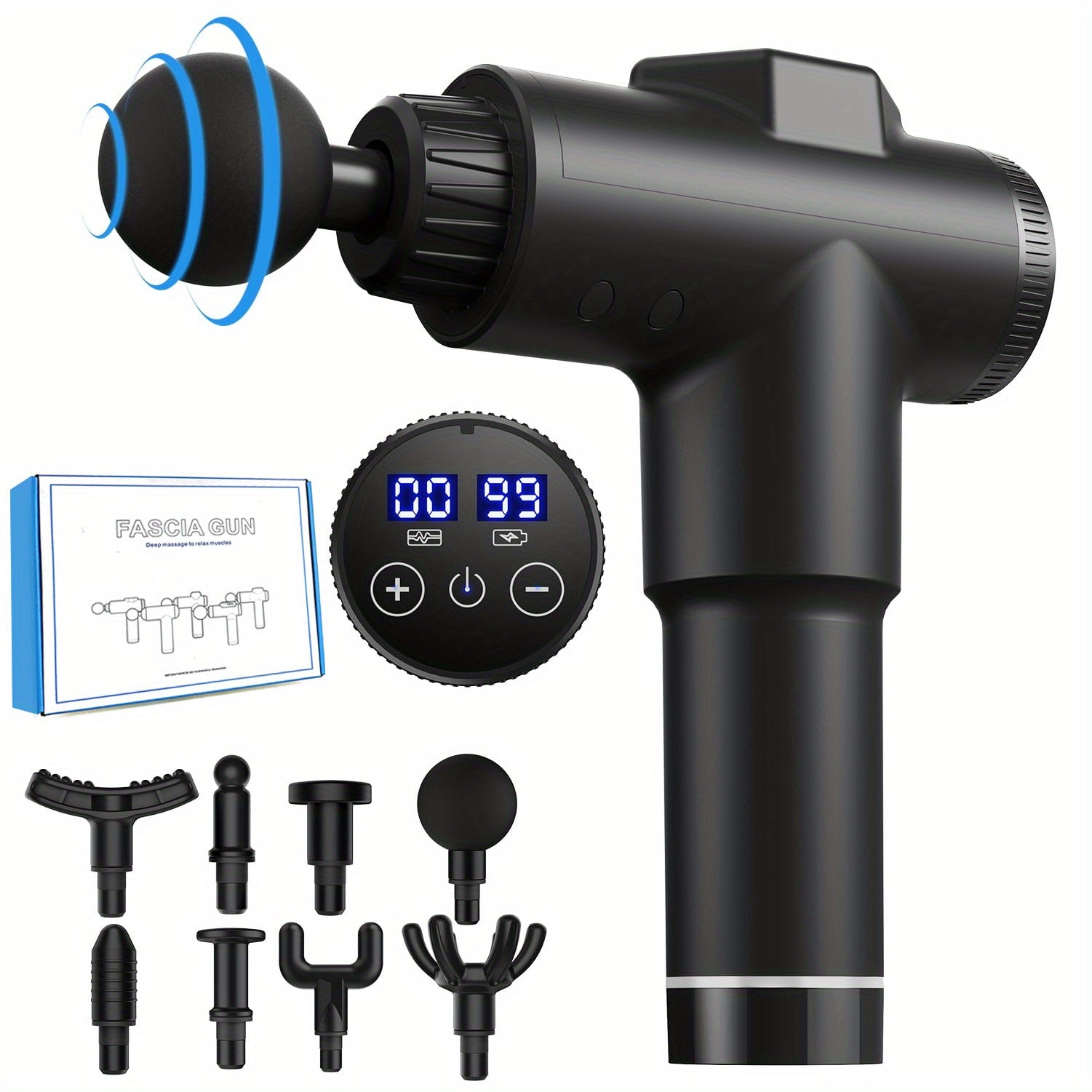 99 ta sozlanadigan tezlikka ega portativ elektr massaj mashinasi chuqur to'qimalar uchun perkusya va dam olish.