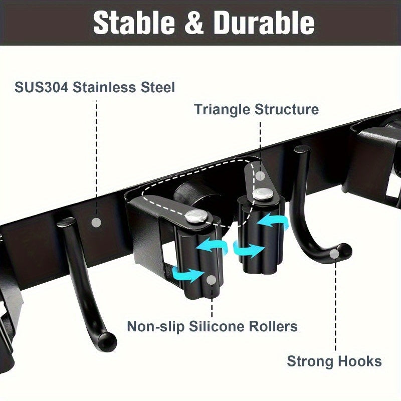 Og'ir yuk ko'taruvchi metall asboblarni tartibga soluvchi tokcha, 4 ta slot va 5 ta ilovasi bilan yashil va qora rangda. Bog' asboblari, supurgi, mopa va garaj uskunalarini devorga o'rnatish uchun mos keladi.
