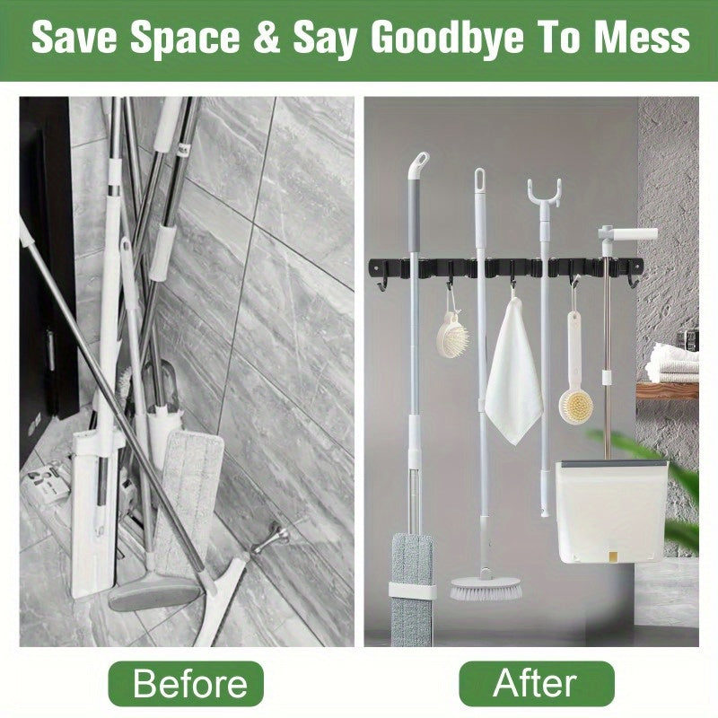 Og'ir yuk ko'taruvchi metall asboblarni tartibga soluvchi tokcha, 4 ta slot va 5 ta ilovasi bilan yashil va qora rangda. Bog' asboblari, supurgi, mopa va garaj uskunalarini devorga o'rnatish uchun mos keladi.