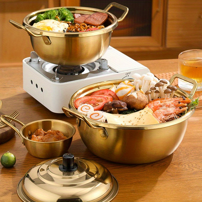 Корейский набор кухонной посуды из нержавеющей стали - бинауральные кастрюли для рамена с крышками, золотые суповые кастрюли для домашней кулинарии