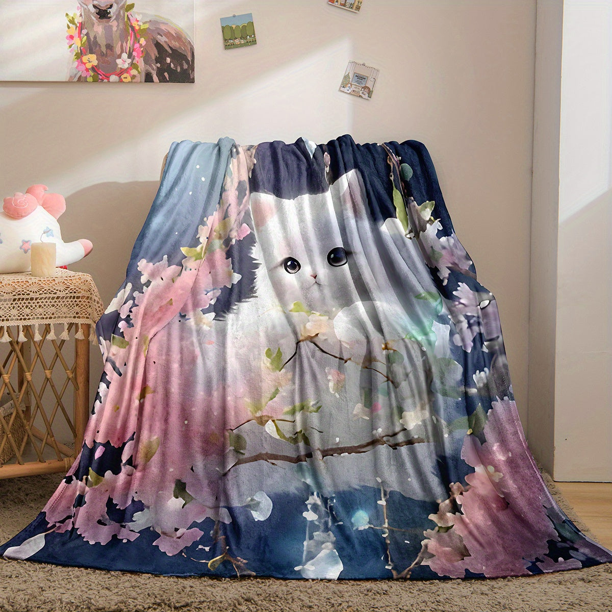 Whimsical Cat Floral Flannel Blanket Soft Cozy Lightweight All-Season for Kids and Adults