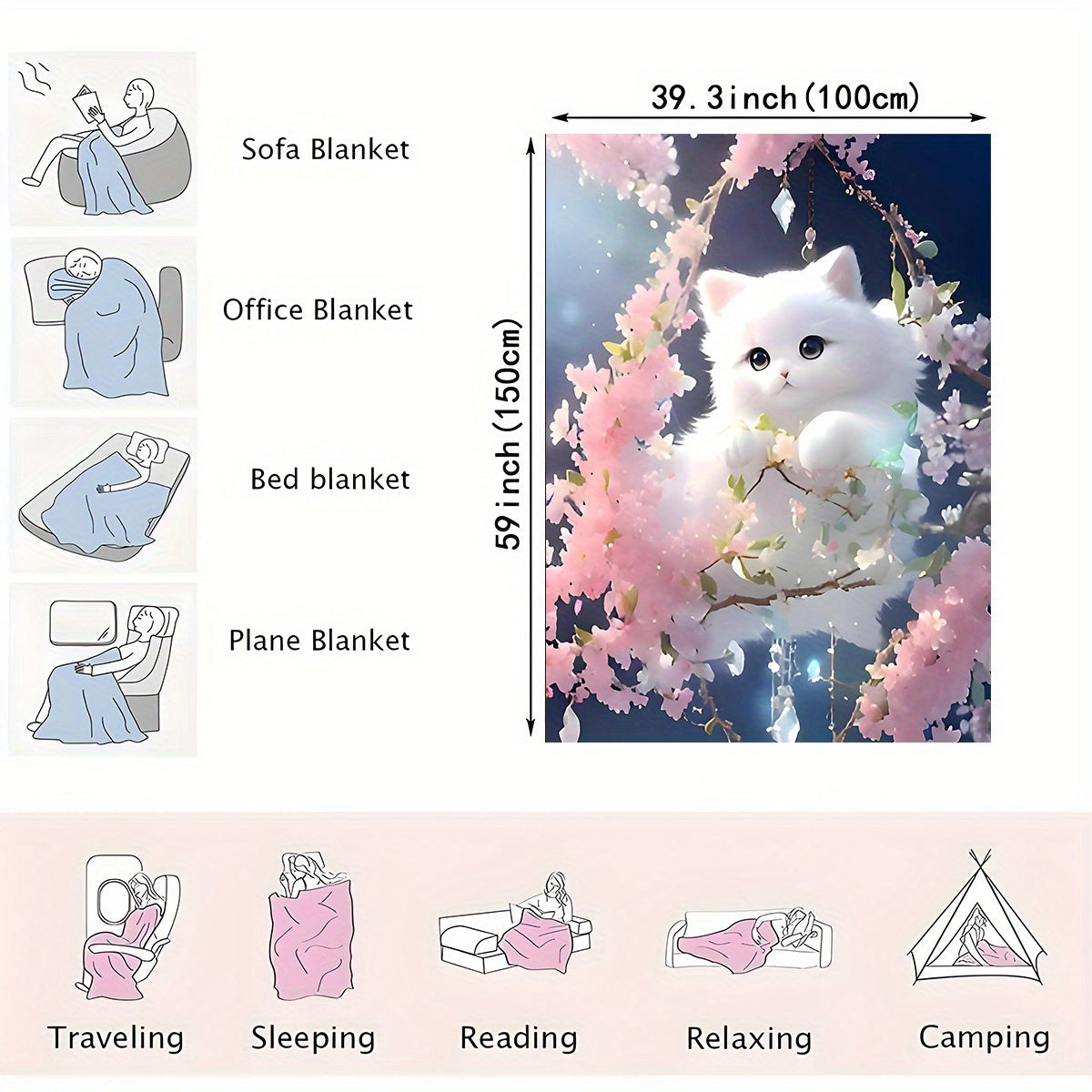 Whimsical Cat Floral Flannel Blanket Soft Cozy Lightweight All-Season for Kids and Adults