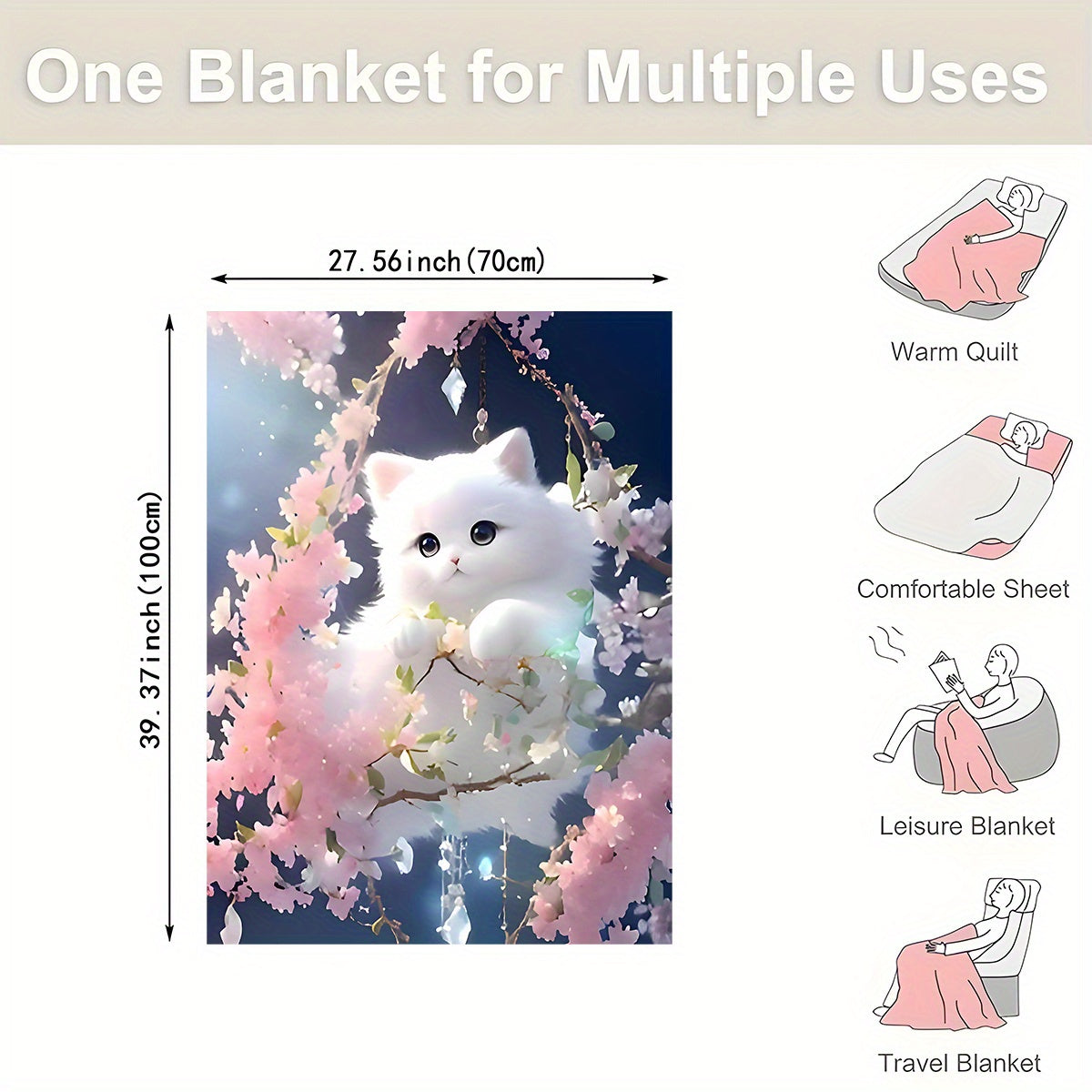 Whimsical Cat Floral Flannel Blanket Soft Cozy Lightweight All-Season for Kids and Adults