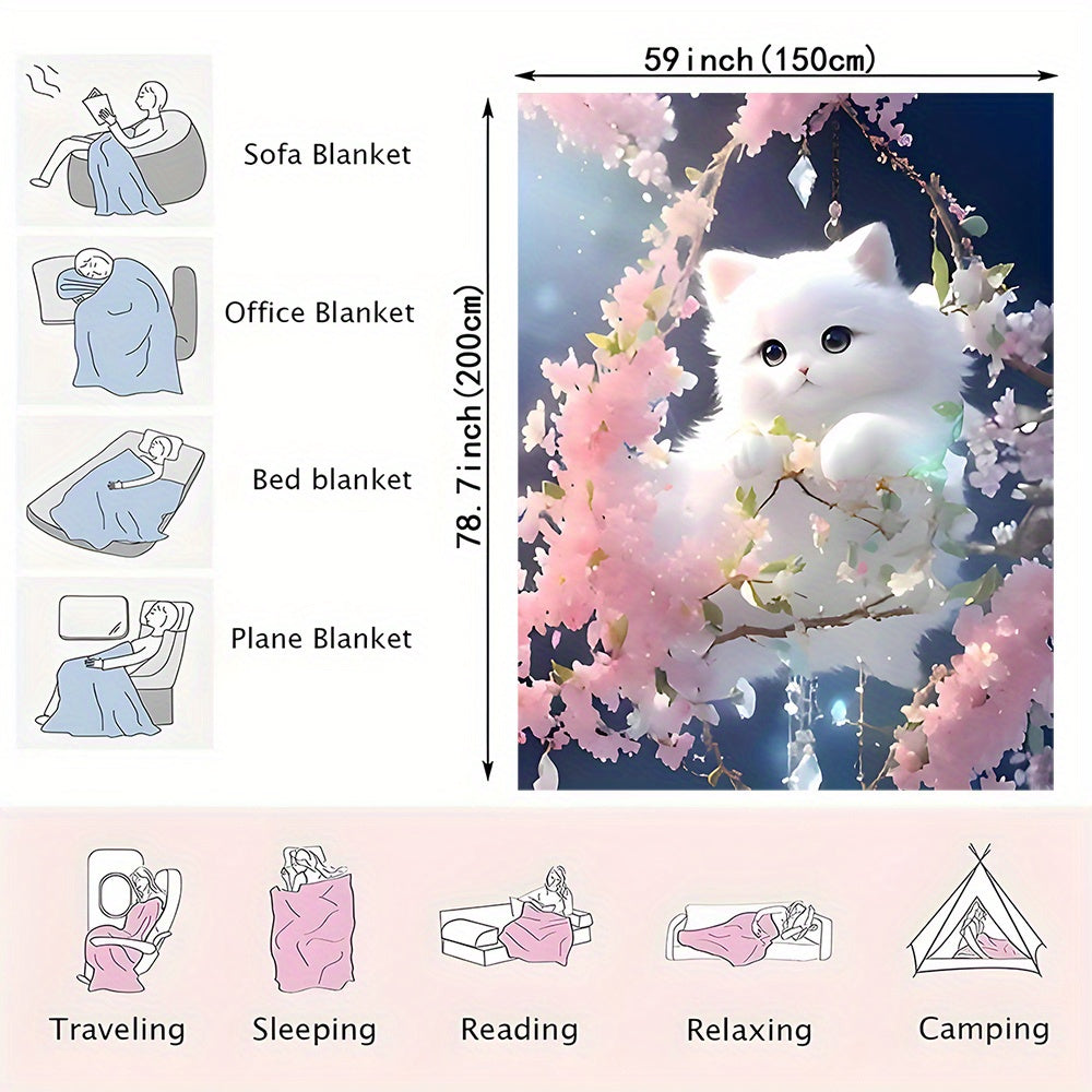 Whimsical Cat Floral Flannel Blanket Soft Cozy Lightweight All-Season for Kids and Adults