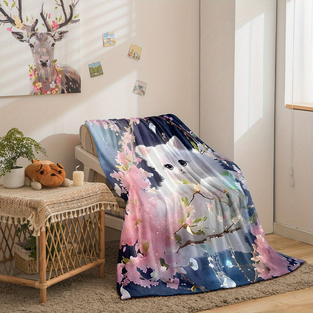 Whimsical Cat Floral Flannel Blanket Soft Cozy Lightweight All-Season for Kids and Adults