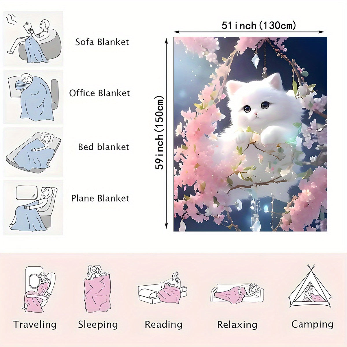 Whimsical Cat Floral Flannel Blanket Soft Cozy Lightweight All-Season for Kids and Adults