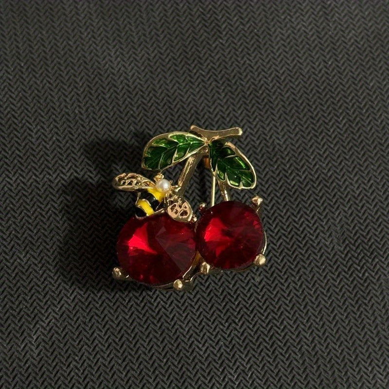 Set of 2 Alloy Brooch Pins Cherry Fruit Design Bee Leaves Fashion Accessories for Sweaters Dresses