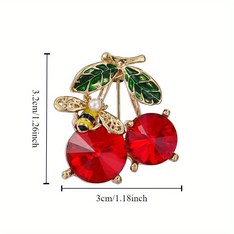 Set of 2 Alloy Brooch Pins Cherry Fruit Design Bee Leaves Fashion Accessories for Sweaters Dresses