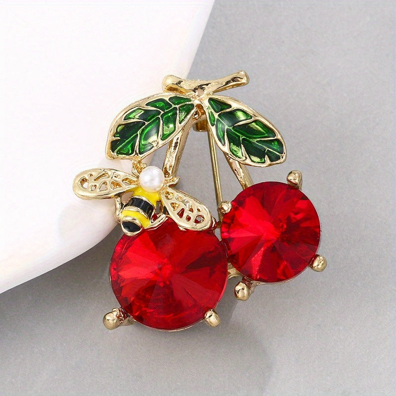 Set of 2 Alloy Brooch Pins Cherry Fruit Design Bee Leaves Fashion Accessories for Sweaters Dresses