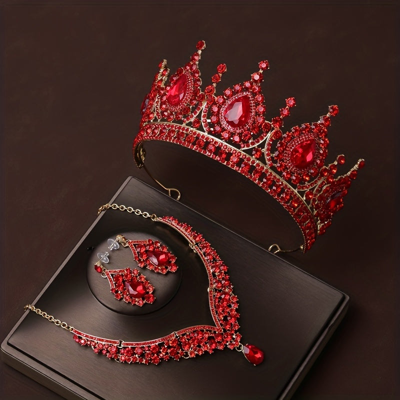 Women’s Rhinestone Jewelry Set Crown Necklace Earrings for Weddings and Events
