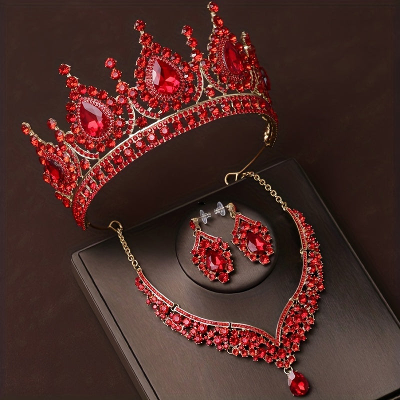 Women’s Rhinestone Jewelry Set Crown Necklace Earrings for Weddings and Events