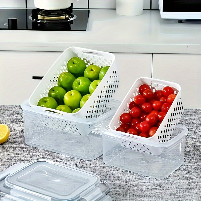 Set of Three Refrigerator Storage Boxes with Double-Layer Design for Fruits Vegetables Meat