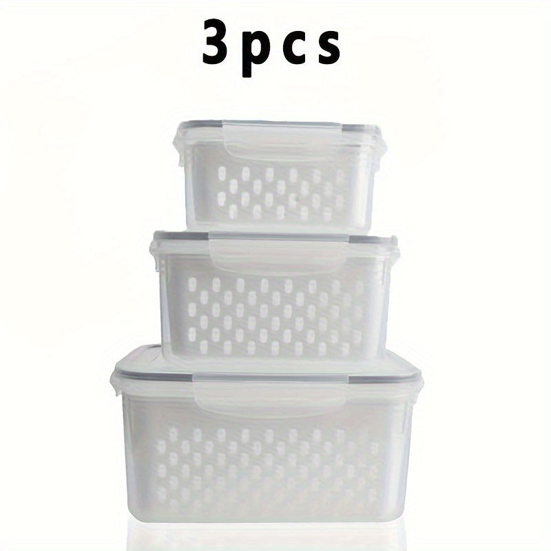 Set of Three Refrigerator Storage Boxes with Double-Layer Design for Fruits Vegetables Meat