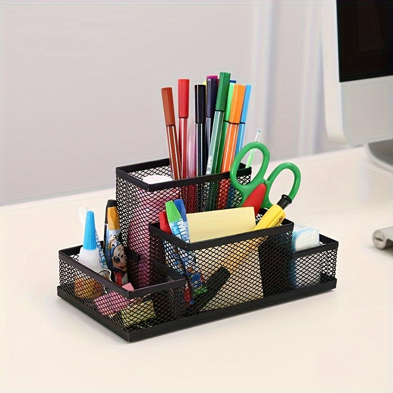 Metal Mesh Desk Organizer with 4 Compartments for Office Supplies Pen Holder