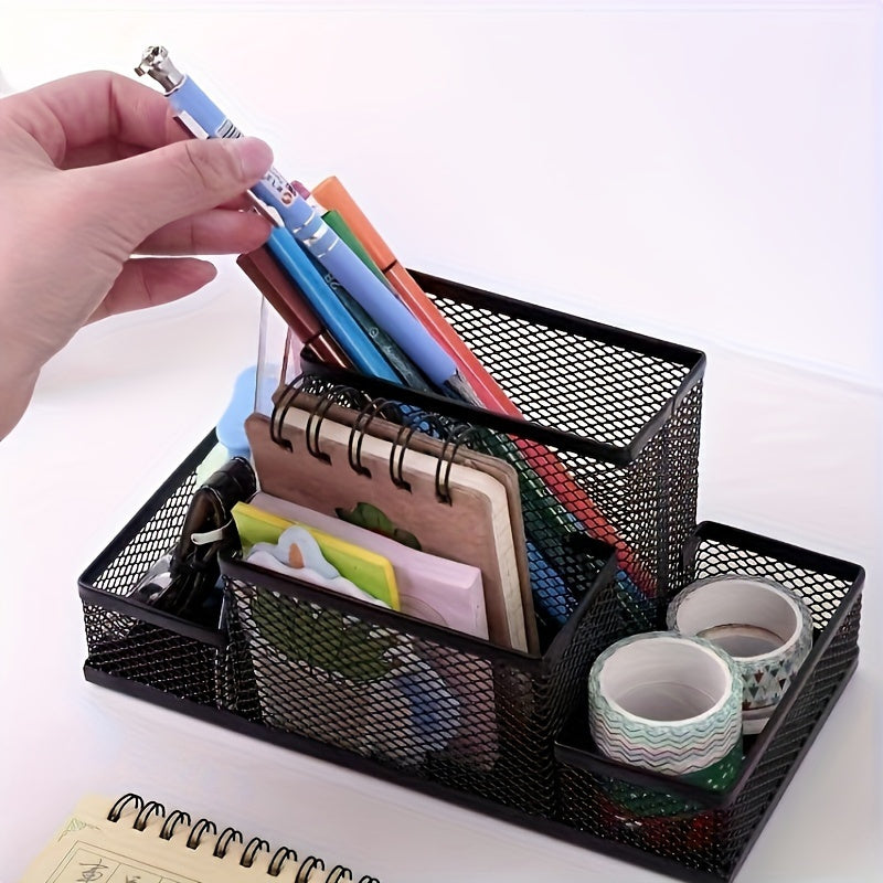 Metal Mesh Desk Organizer with 4 Compartments for Office Supplies Pen Holder