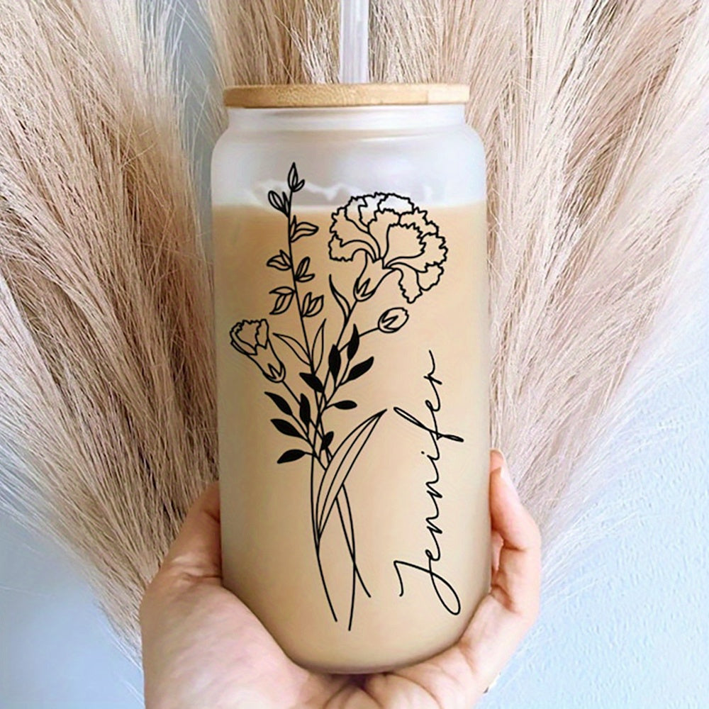 Именная стеклянная дорожная кружка с крышкой, индивидуальное имя и дизайн цветка рождения