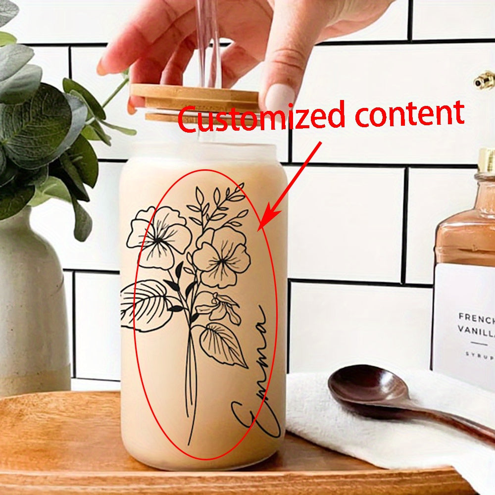 Personalized Glass Travel Mug with Lid Custom Name and Birth Flower Design