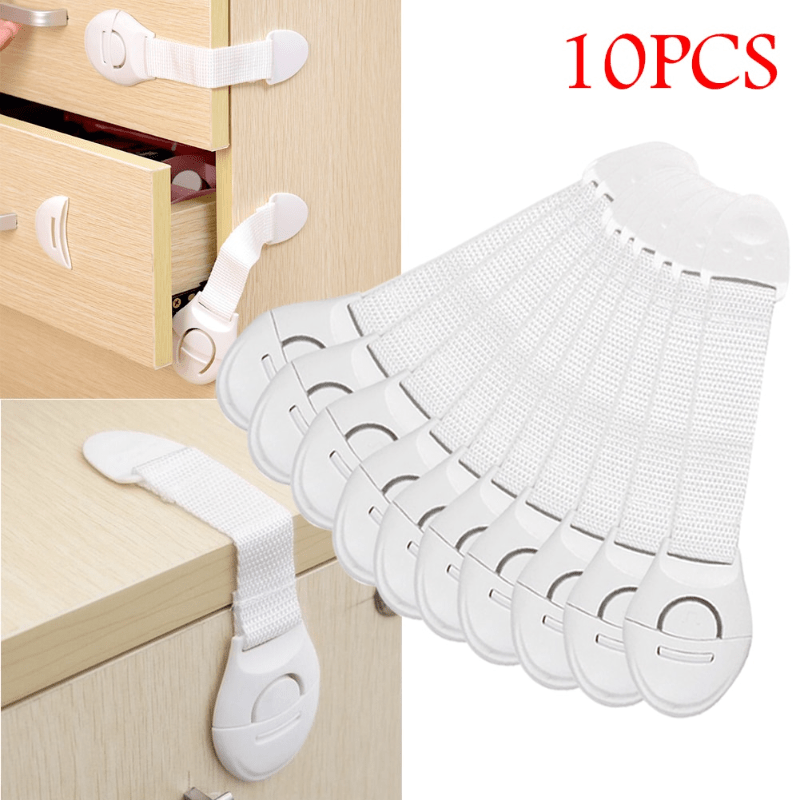 Set of 10 White Plastic Safety Cabinet Locks with Adjustable Childproofing Straps