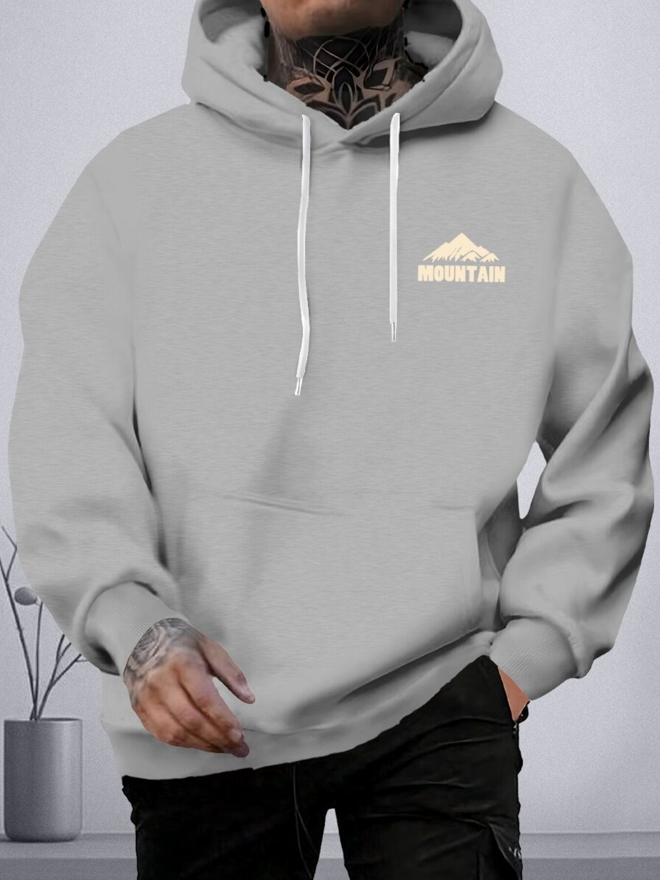 Sudadera de poliéster con forro de vellón con estampado de montaña para hombre de tallas grandes