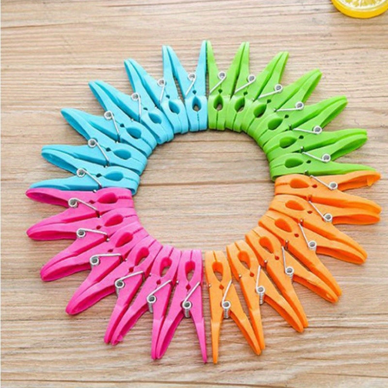 Set of 24 Colorful Plastic Clothespins with Sturdy Springs for Outdoor, DIY, and Organizing
