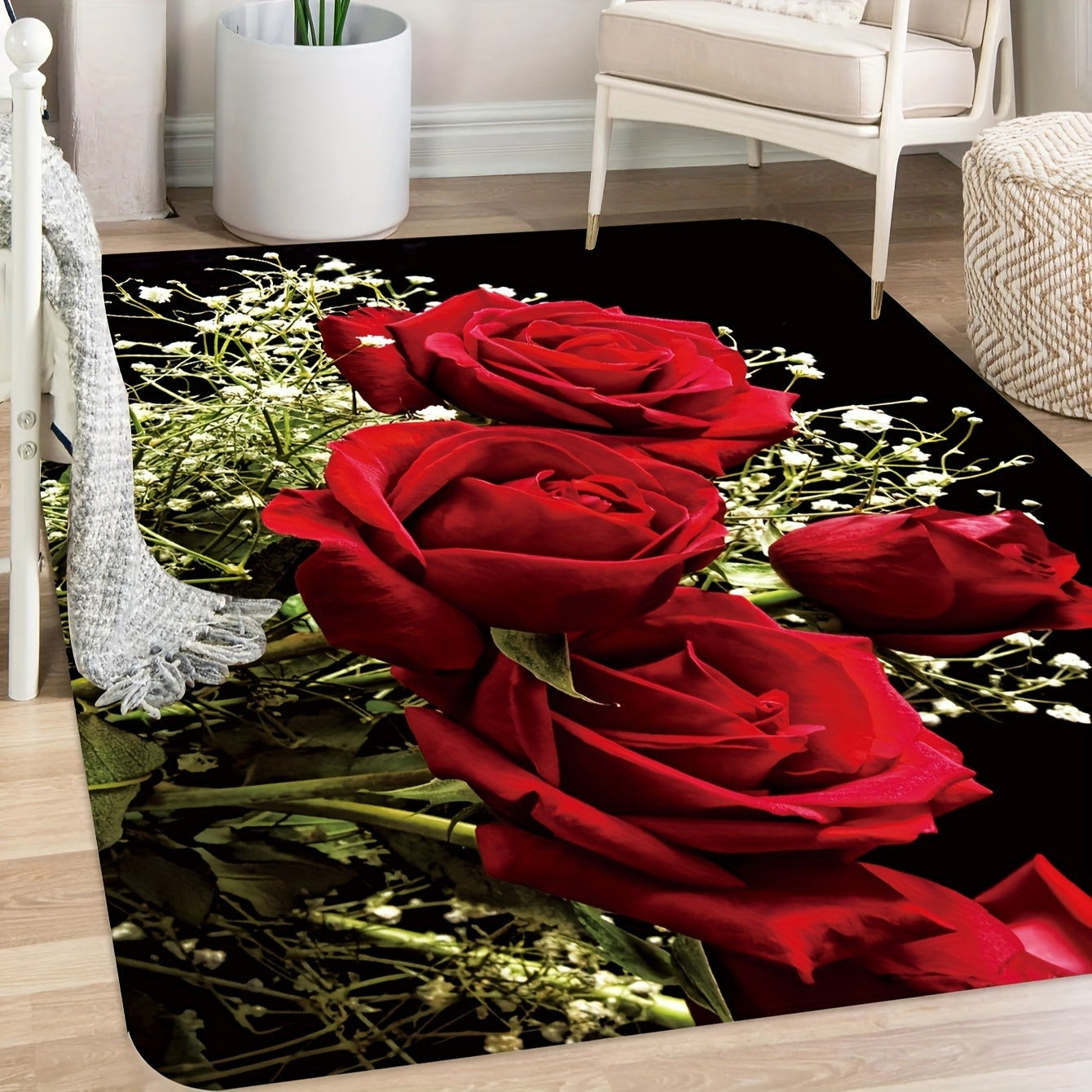 Red Rose Floral Polyester Area Rug Non-Slip Low Pile Washable for Living Room Bedroom Bathroom Kitchen