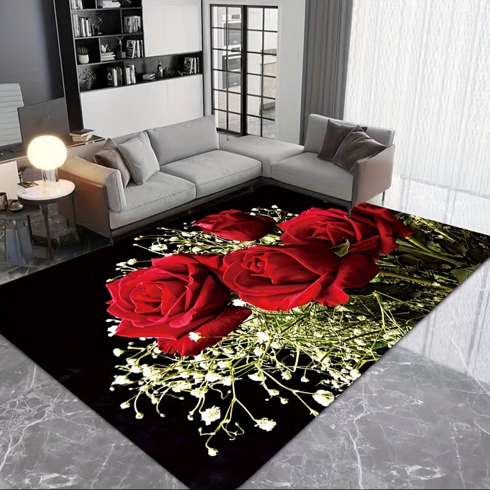 Red Rose Floral Polyester Area Rug Non-Slip Low Pile Washable for Living Room Bedroom Bathroom Kitchen