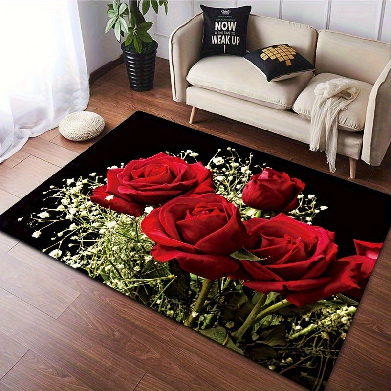 Red Rose Floral Polyester Area Rug Non-Slip Low Pile Washable for Living Room Bedroom Bathroom Kitchen