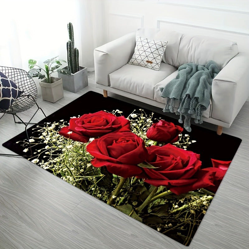 Red Rose Floral Polyester Area Rug Non-Slip Low Pile Washable for Living Room Bedroom Bathroom Kitchen