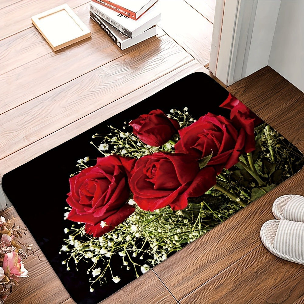 Red Rose Floral Polyester Area Rug Non-Slip Low Pile Washable for Living Room Bedroom Bathroom Kitchen