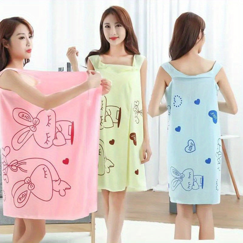 Women's Cartoon Rabbit Microfiber Bathrobe with 200gsm Knit Fabric for Quick Absorption