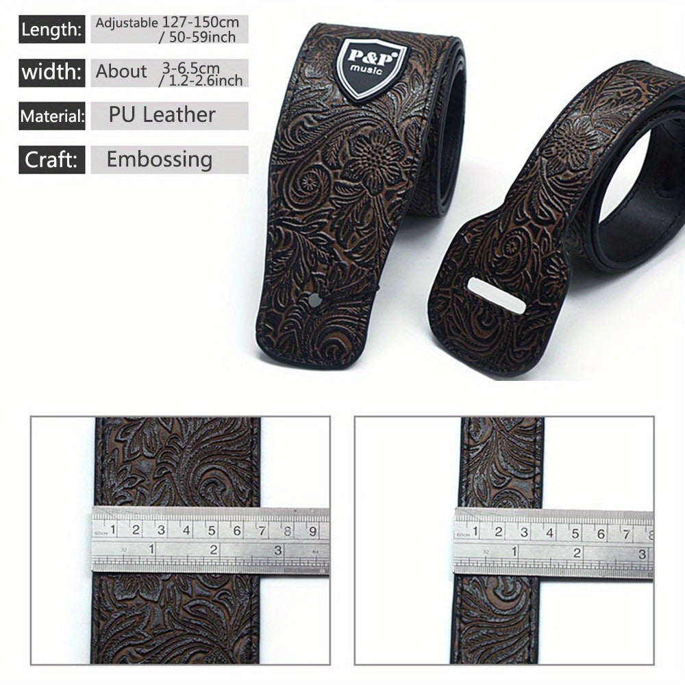 Wide Faux Leather Electric Guitar Strap Adjustable Soft Embroidered 6.35cm Width