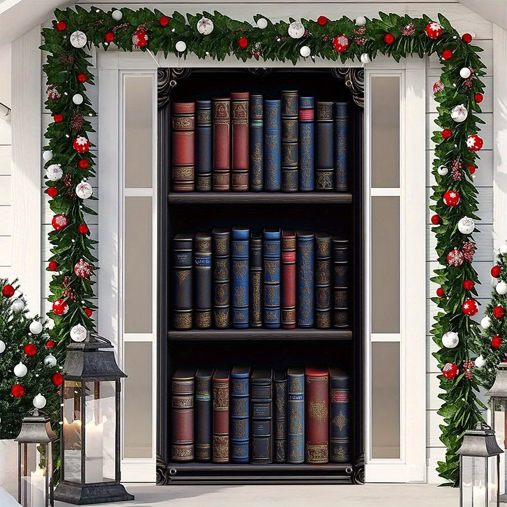 Vintage Library Bookshelf Door Banner Polyester Privacy Screen 89.92x179.83cm