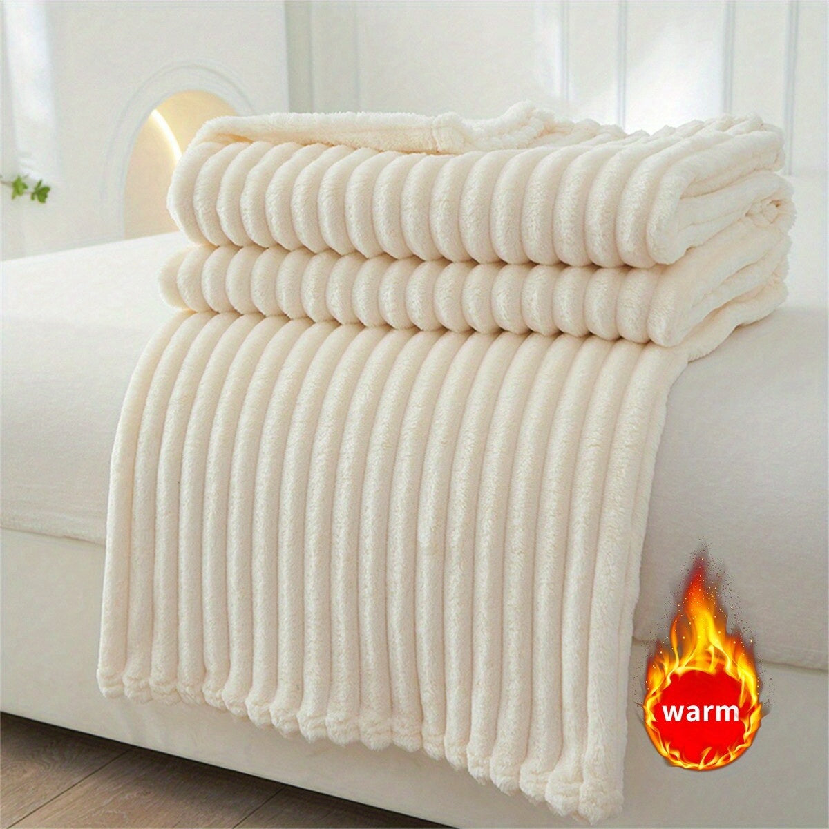 Coral Fleece Throw Blanket with White Stripes Soft Cozy Polyester Jacquard for Bedroom Sofa Living Room Lightweight All-Season