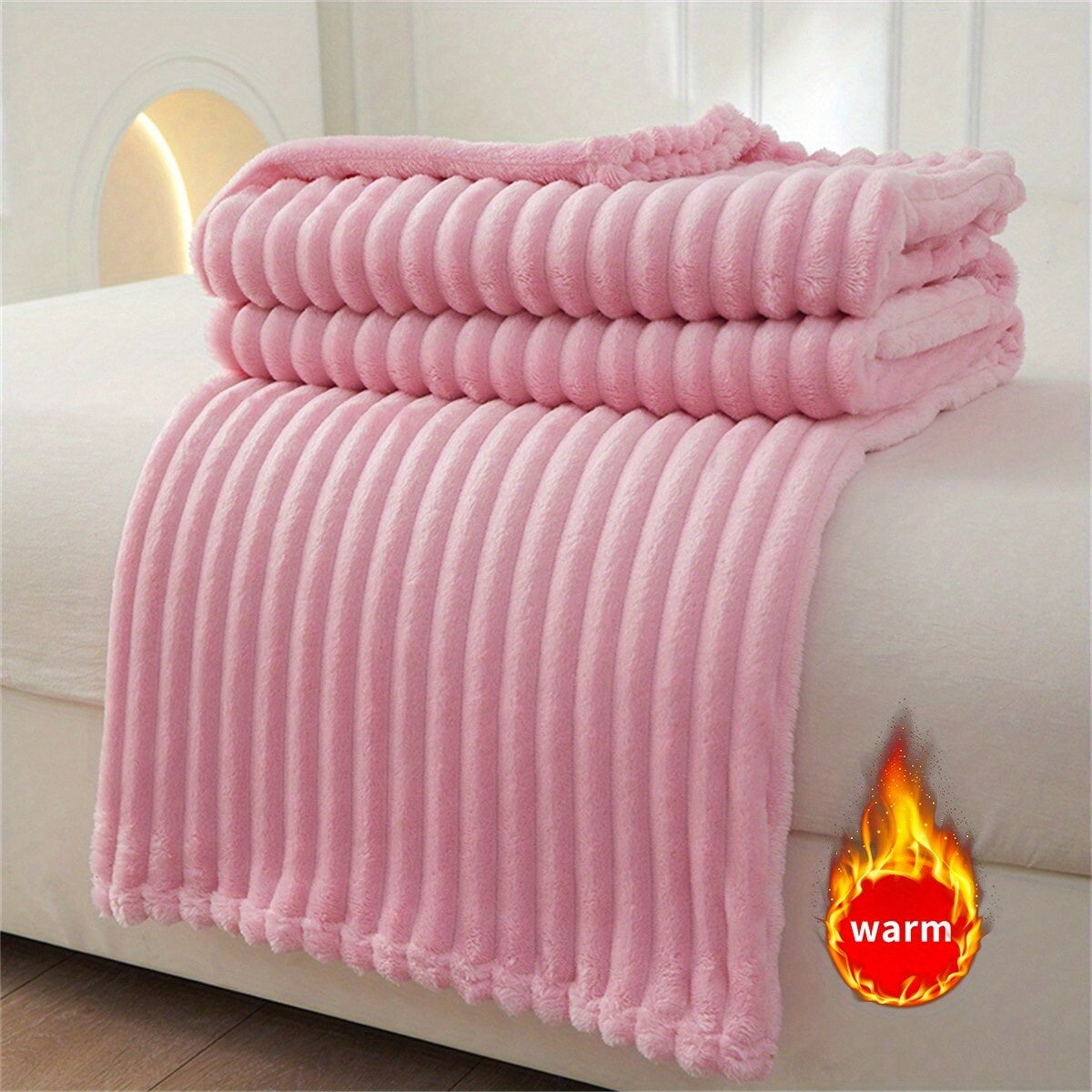 Coral Fleece Throw Blanket with White Stripes Soft Cozy Polyester Jacquard for Bedroom Sofa Living Room Lightweight All-Season