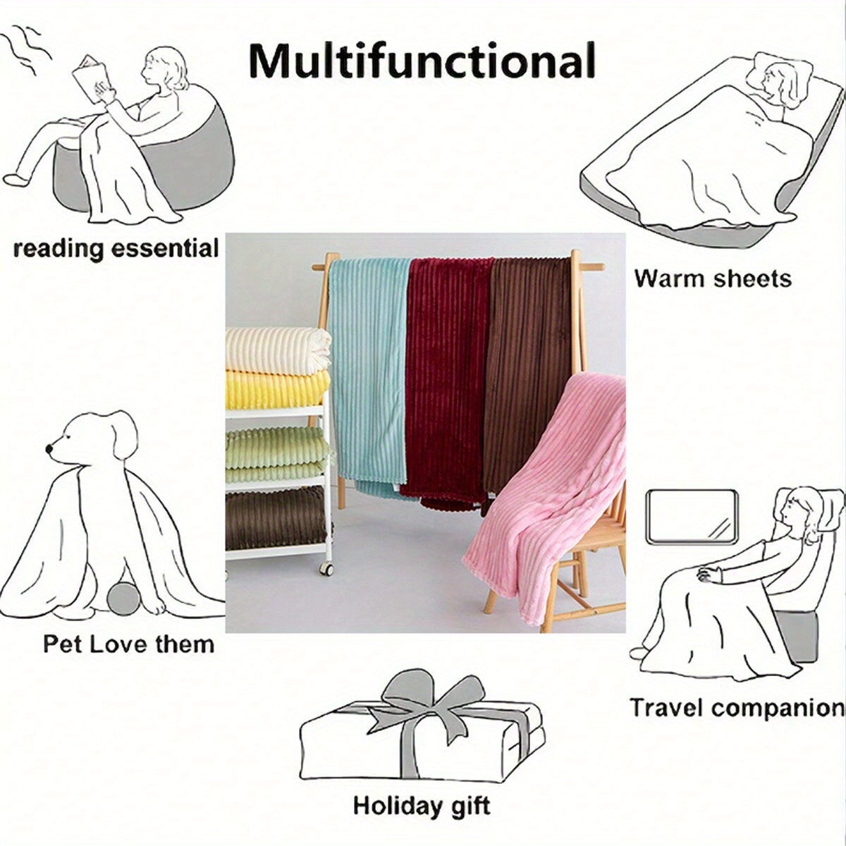 Coral Fleece Throw Blanket with White Stripes Soft Cozy Polyester Jacquard for Bedroom Sofa Living Room Lightweight All-Season