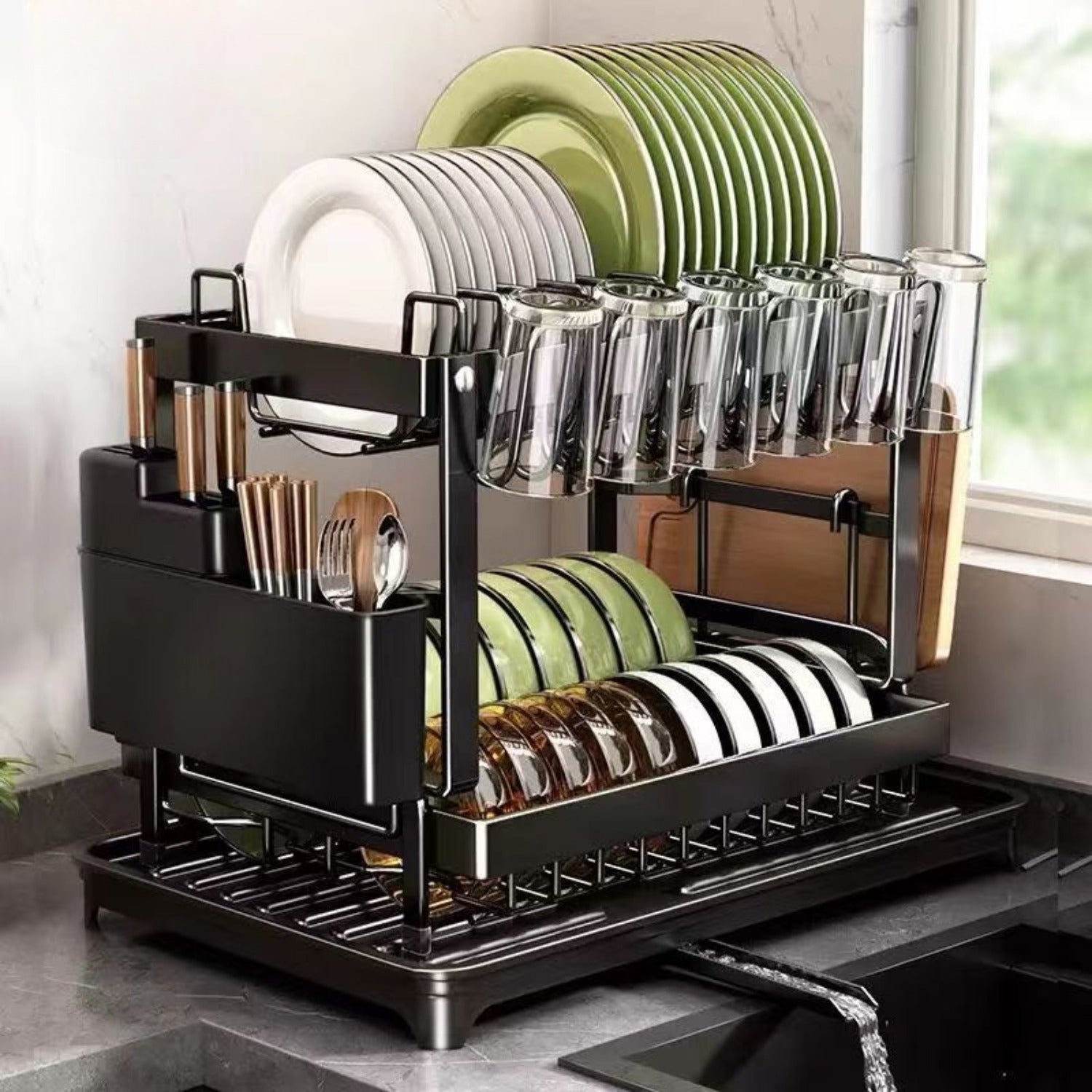 Stainless Steel Dish Drying Rack with Drainboard, Utensil Holder, Cup Rack