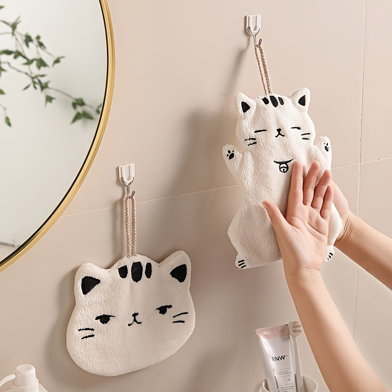 Cute Cat-Shaped Hand Towel Coral Fleece Quick-Dry Bathroom Kitchen Hanging