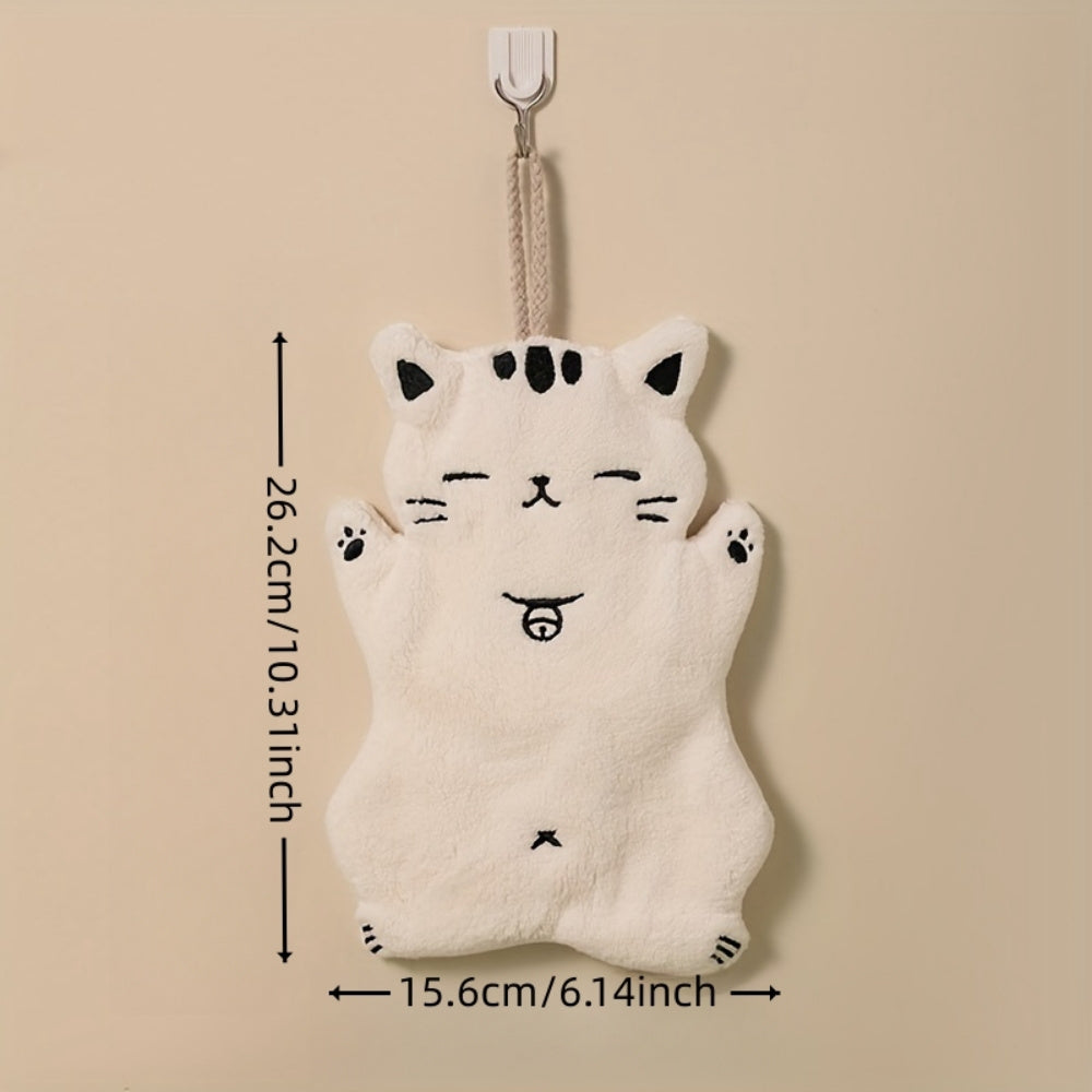 Cute Cat-Shaped Hand Towel Coral Fleece Quick-Dry Bathroom Kitchen Hanging