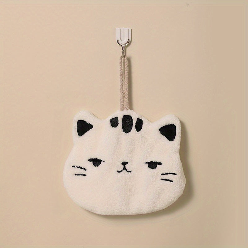Cute Cat-Shaped Hand Towel Coral Fleece Quick-Dry Bathroom Kitchen Hanging